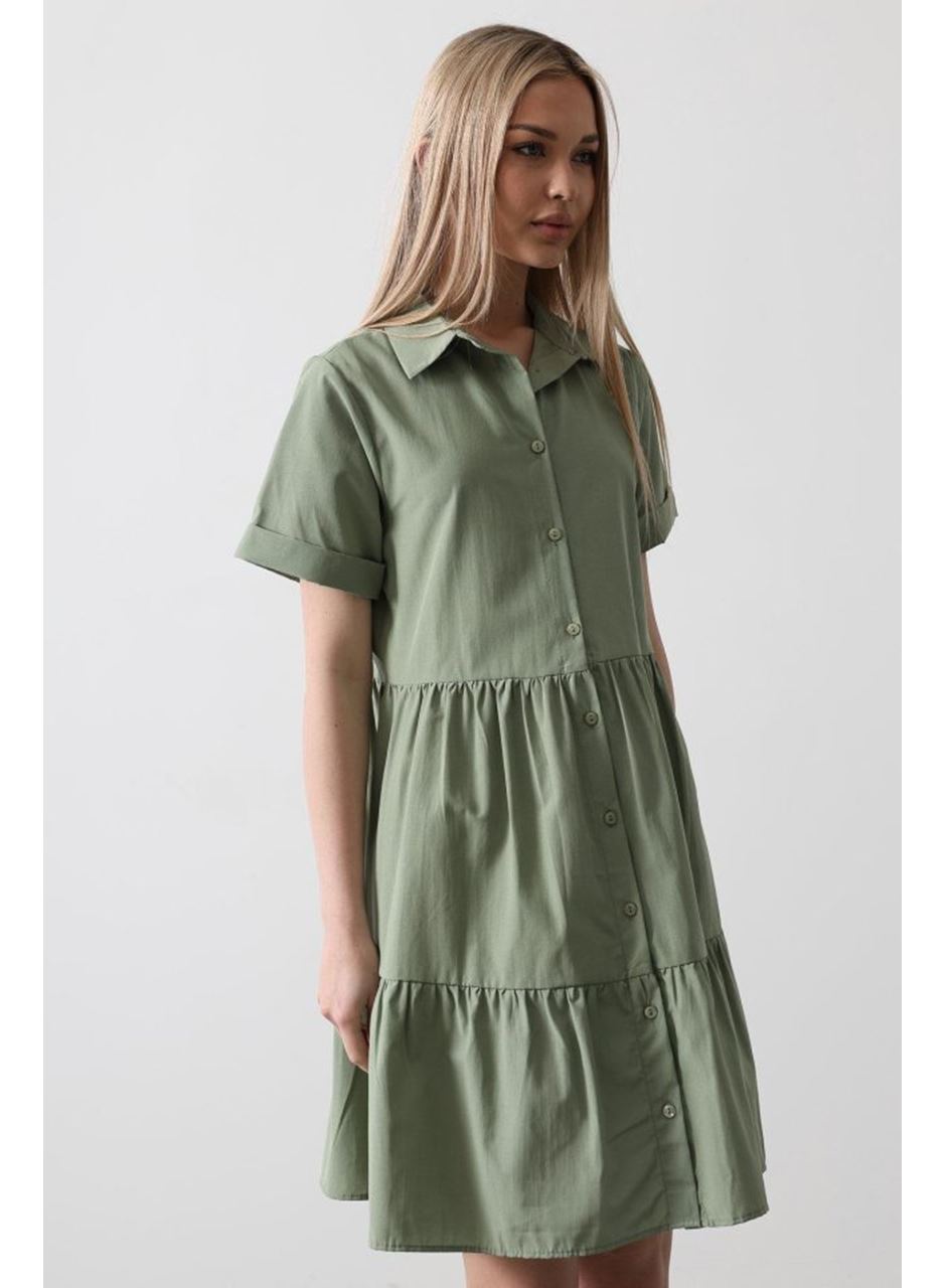 Kısa Kol Düğmeli Elbise - Haki