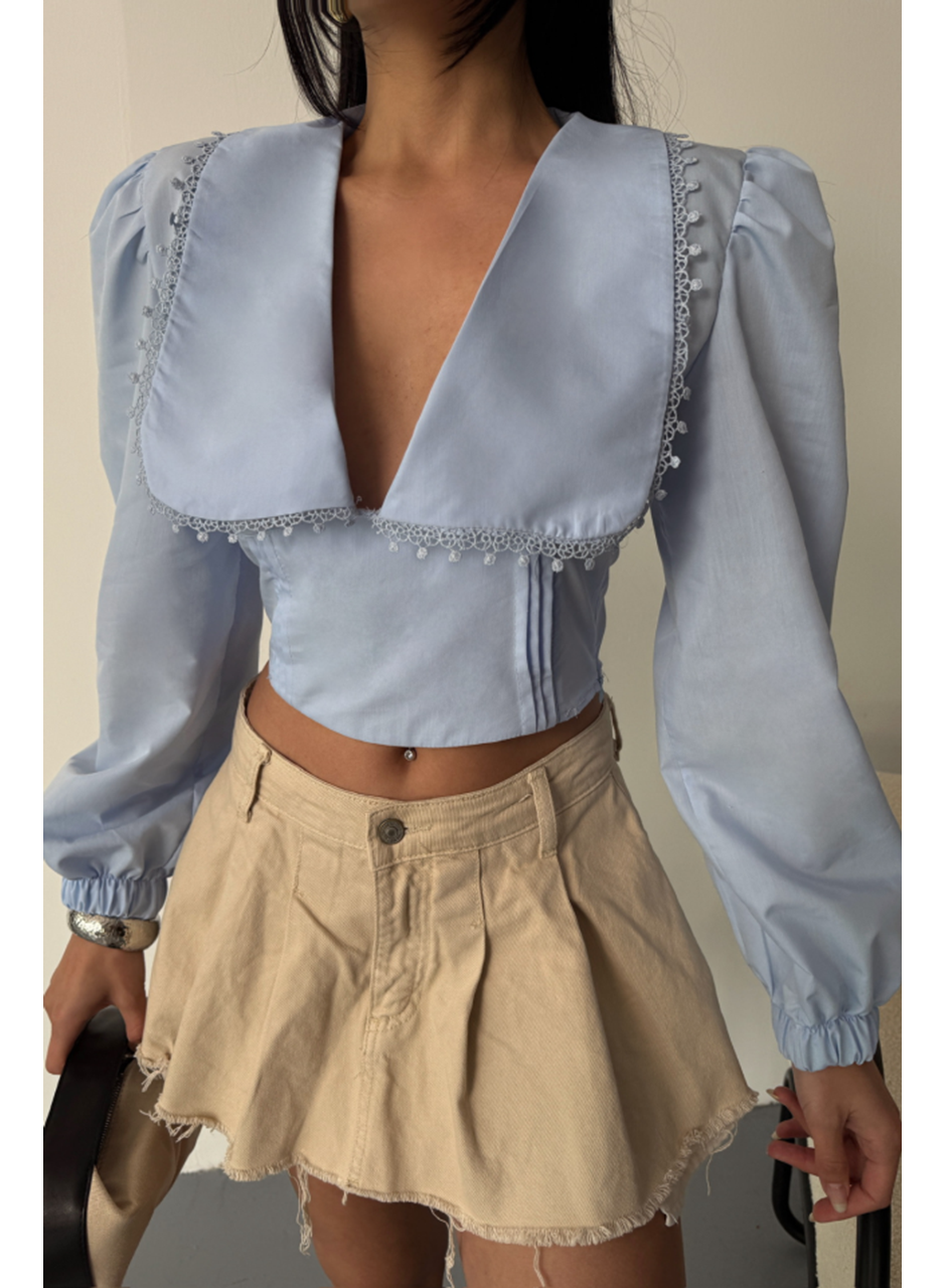 CROP POPLİN GÖMLEK YAKA KENAR DANTEL DETAYLI - Bebe Mavi