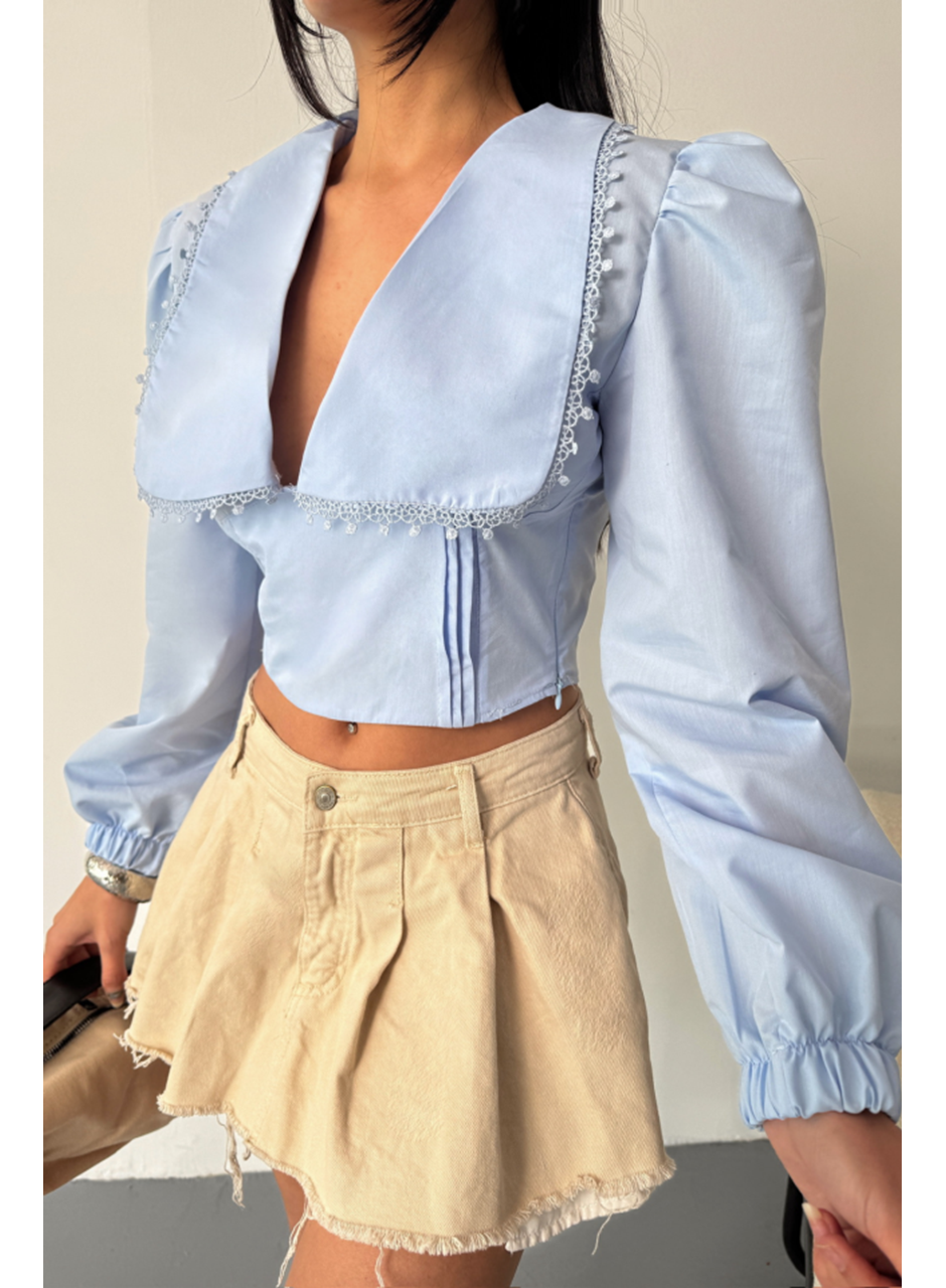 CROP POPLİN GÖMLEK YAKA KENAR DANTEL DETAYLI - Bebe Mavi