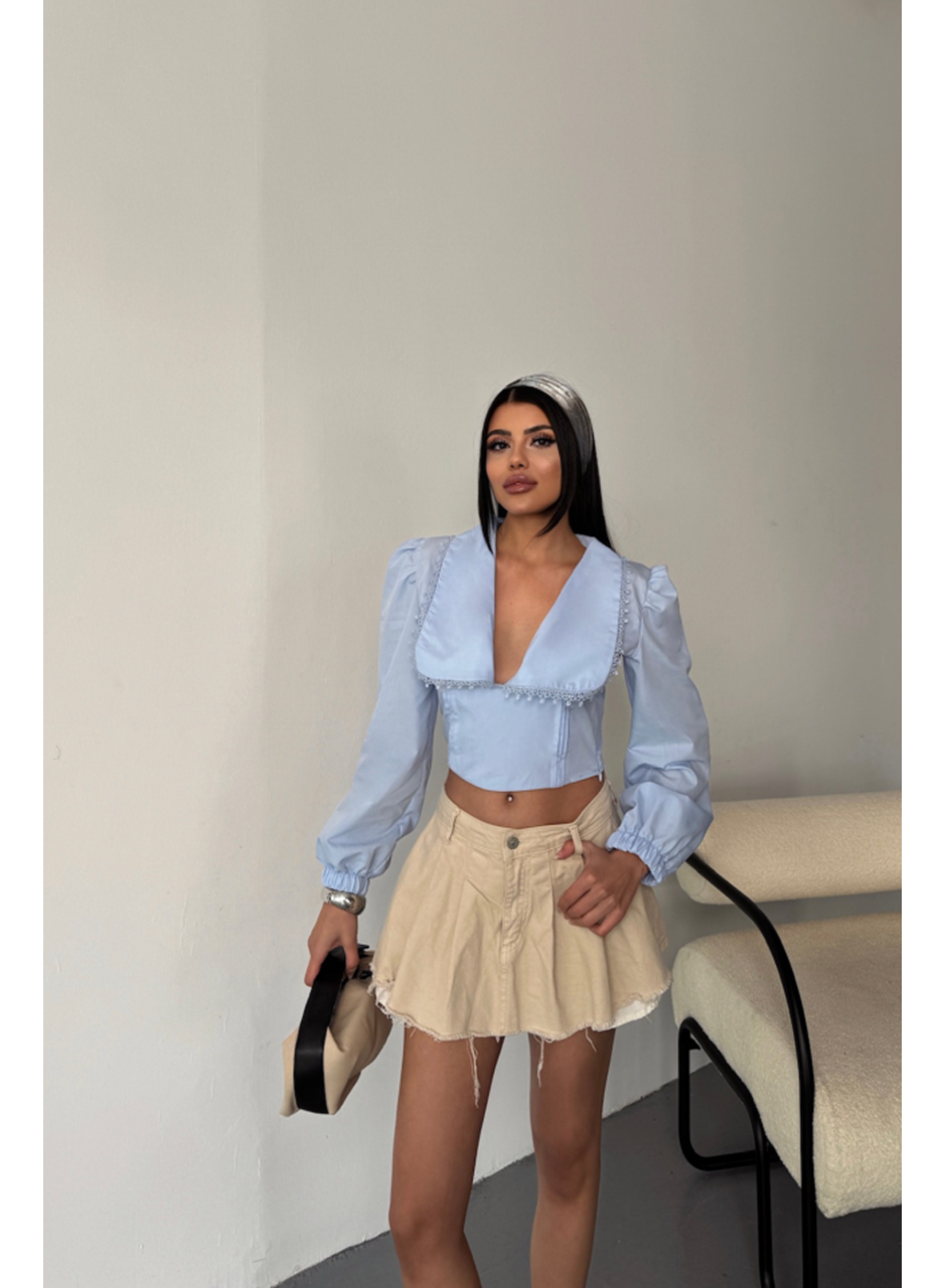 CROP POPLİN GÖMLEK YAKA KENAR DANTEL DETAYLI - Bebe Mavi