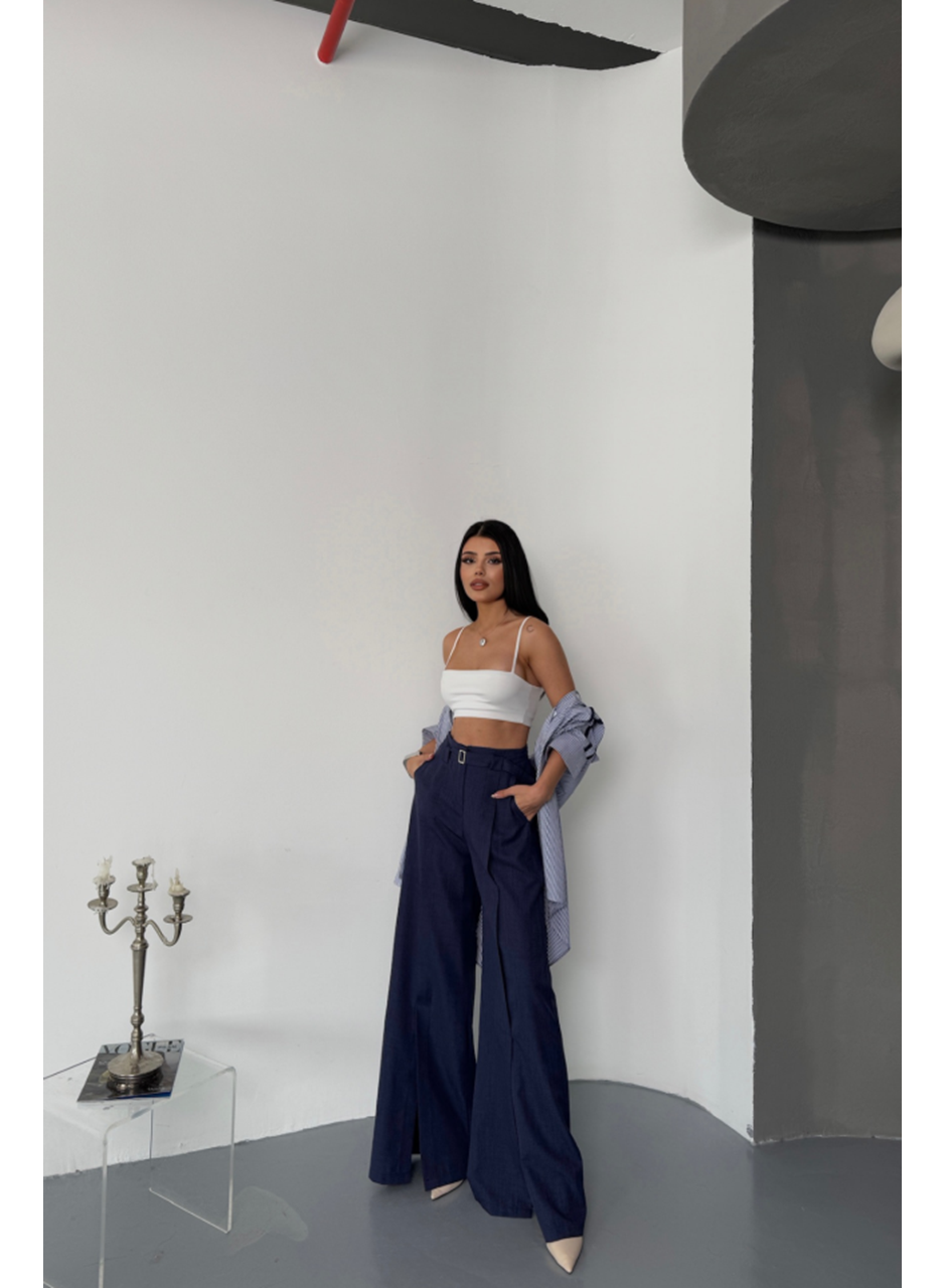 SALAŞ ÖNDEN YIRTMAÇ DETAYLI BEL KEMERLİ PANTOLON - Lacivert
