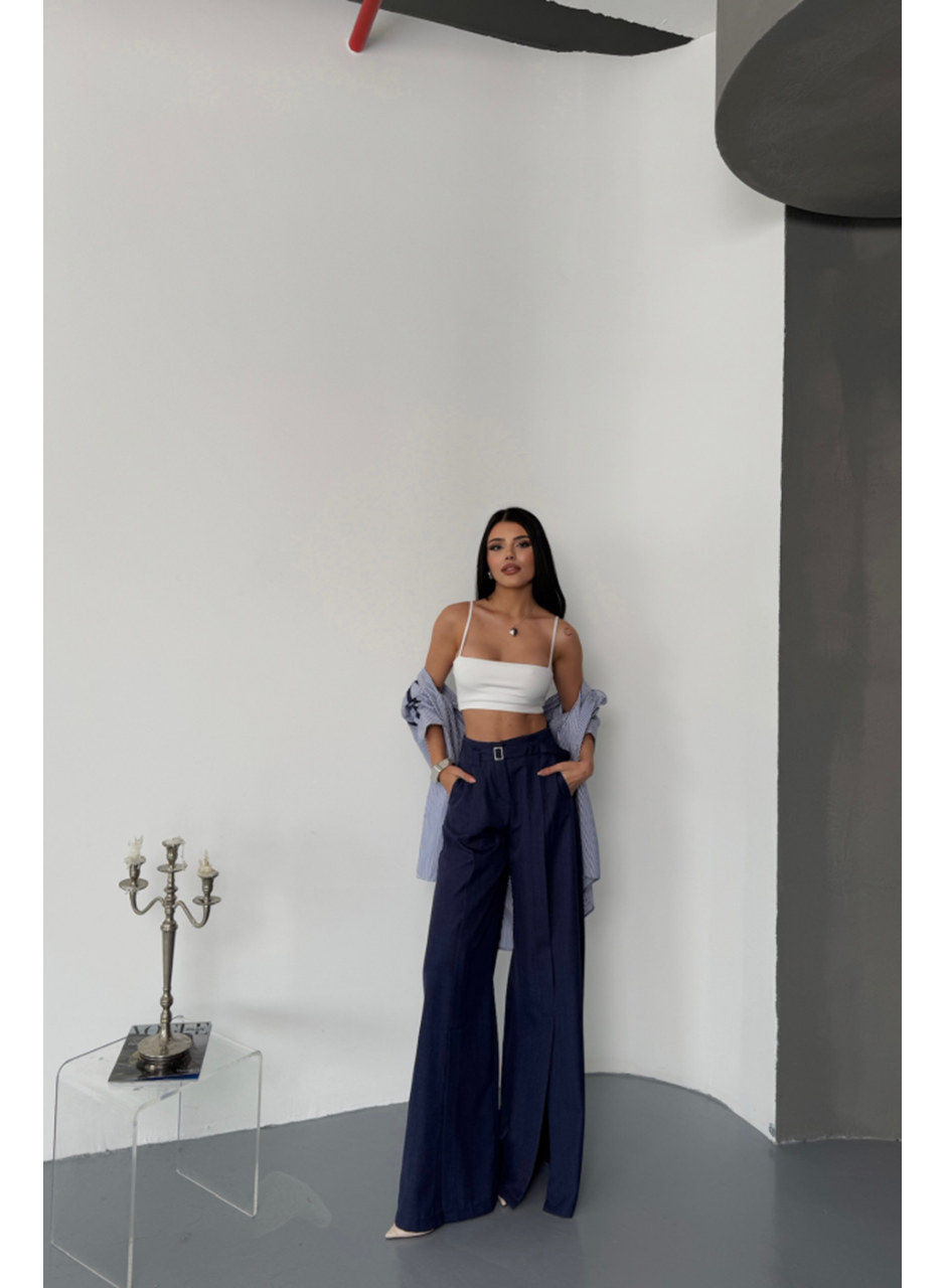 SALAŞ ÖNDEN YIRTMAÇ DETAYLI BEL KEMERLİ PANTOLON - Lacivert