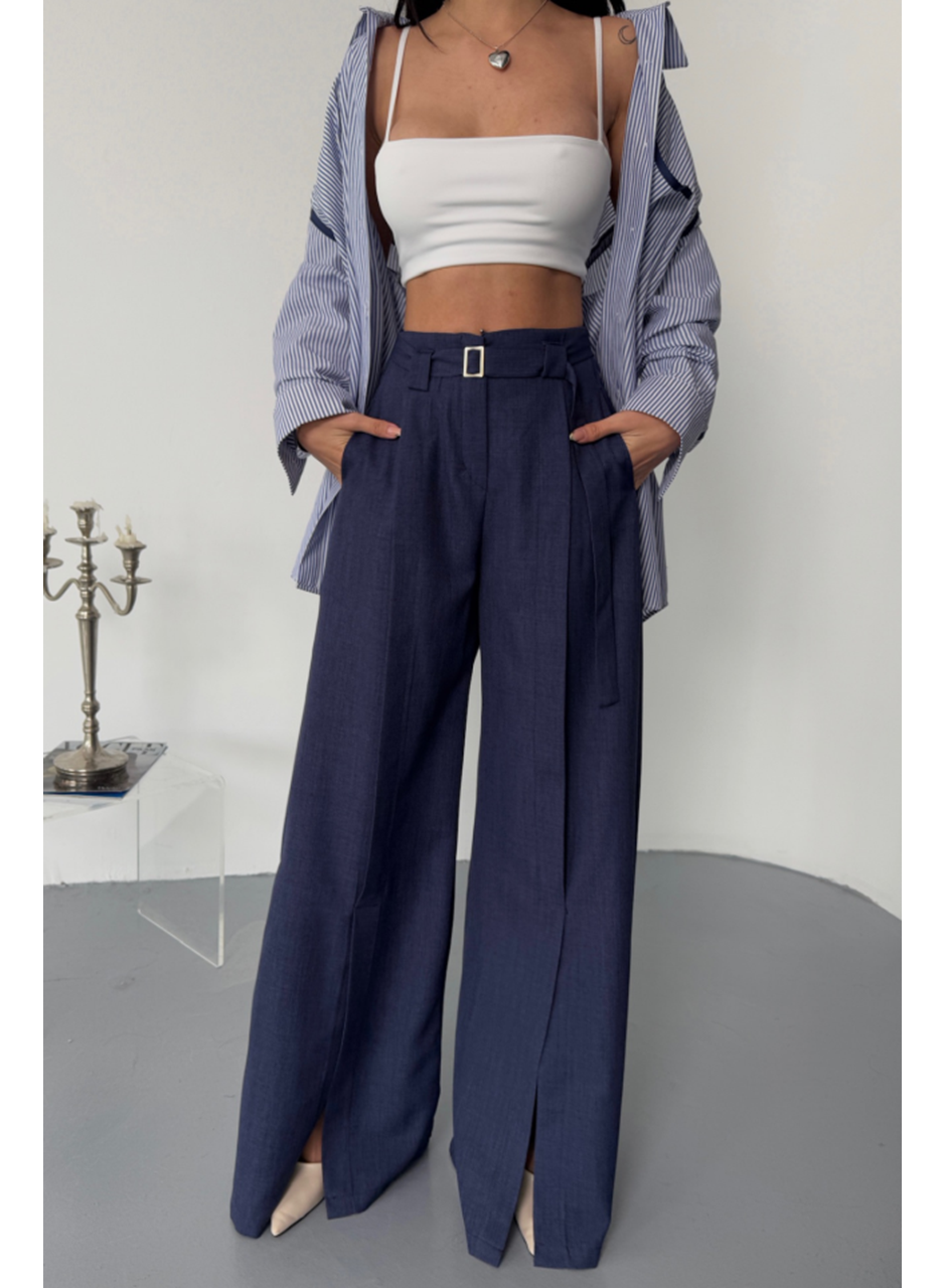 SALAŞ ÖNDEN YIRTMAÇ DETAYLI BEL KEMERLİ PANTOLON - Lacivert