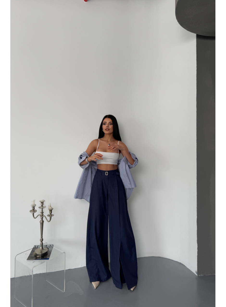SALAŞ ÖNDEN YIRTMAÇ DETAYLI BEL KEMERLİ PANTOLON - Lacivert