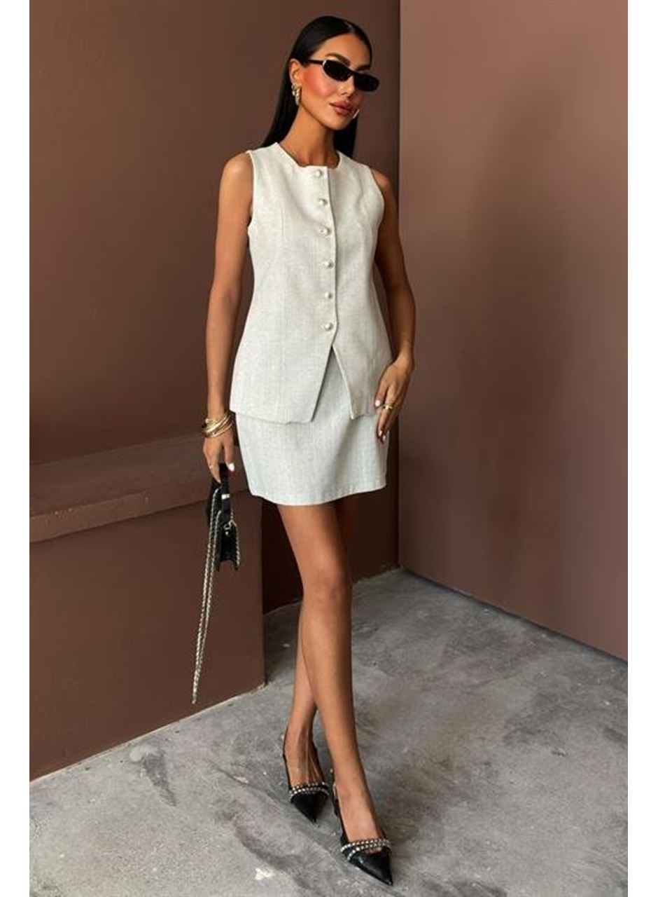 Uzun Yelek Mini Etek Flamlı Keten Takım 10148