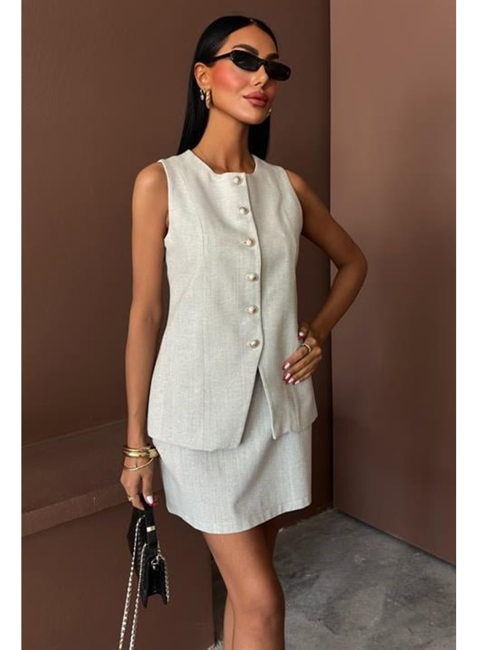 Uzun Yelek Mini Etek Flamlı Keten Takım 10148