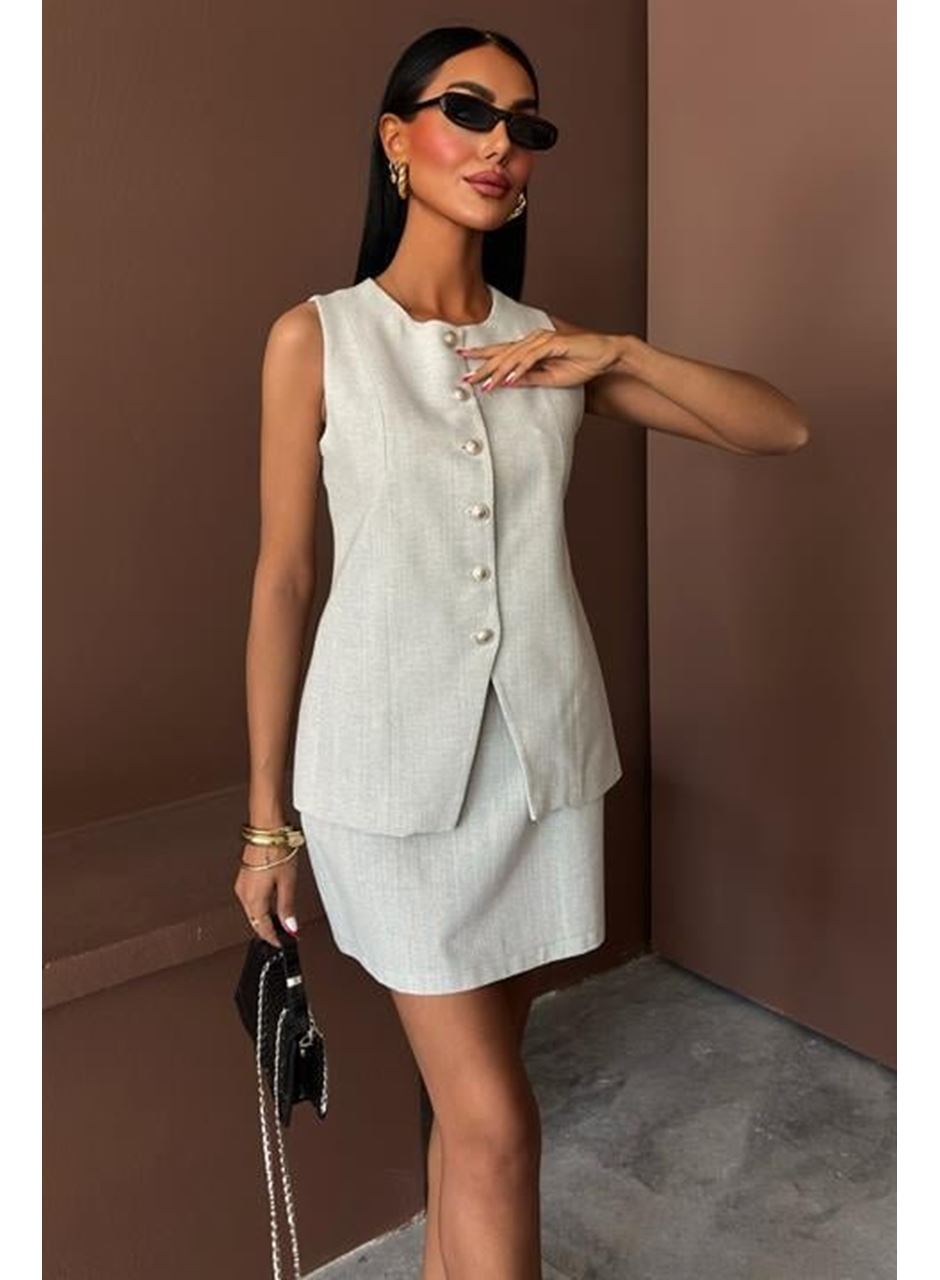 Uzun Yelek Mini Etek Flamlı Keten Takım 10148