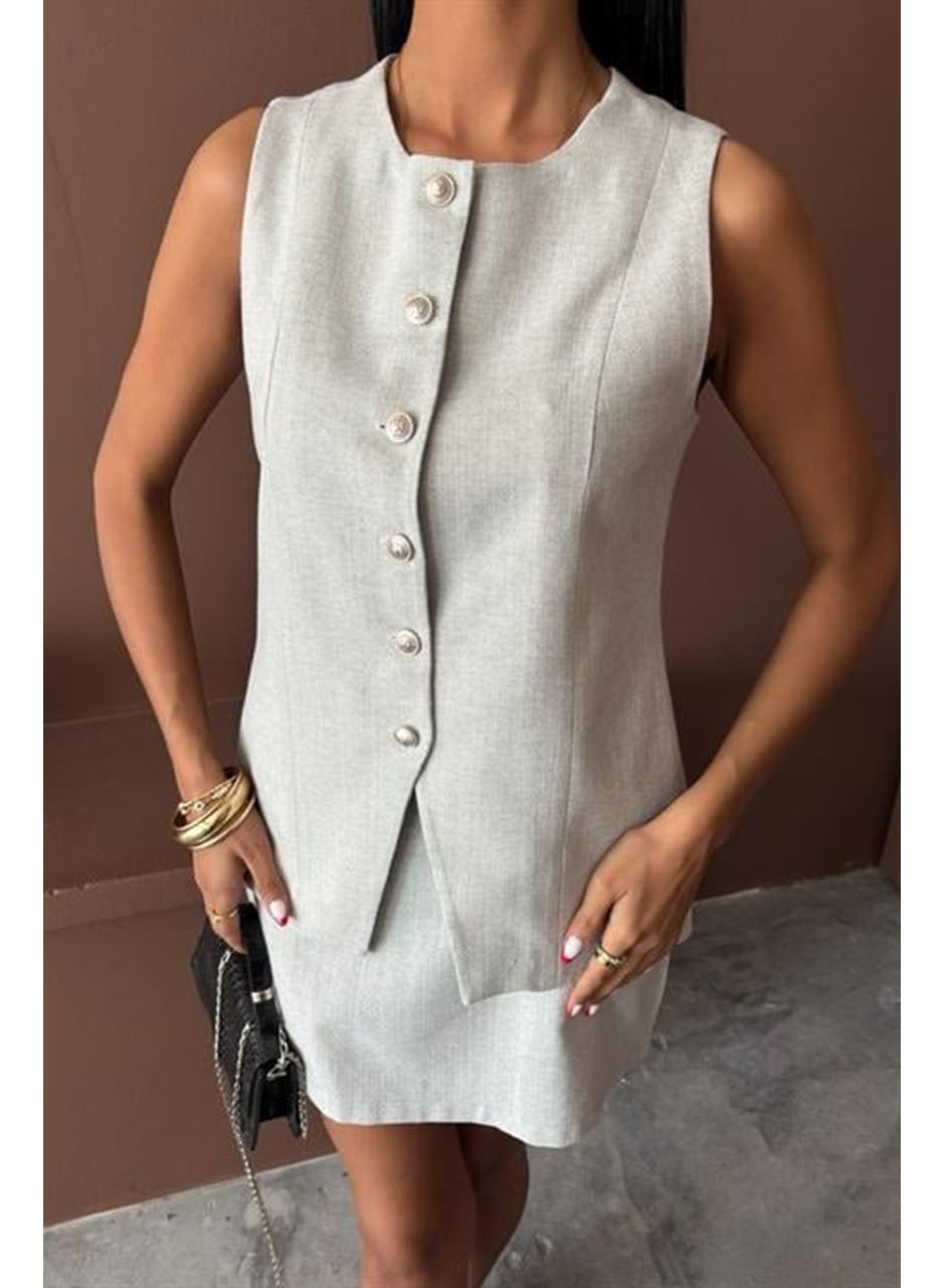 Uzun Yelek Mini Etek Flamlı Keten Takım 10148