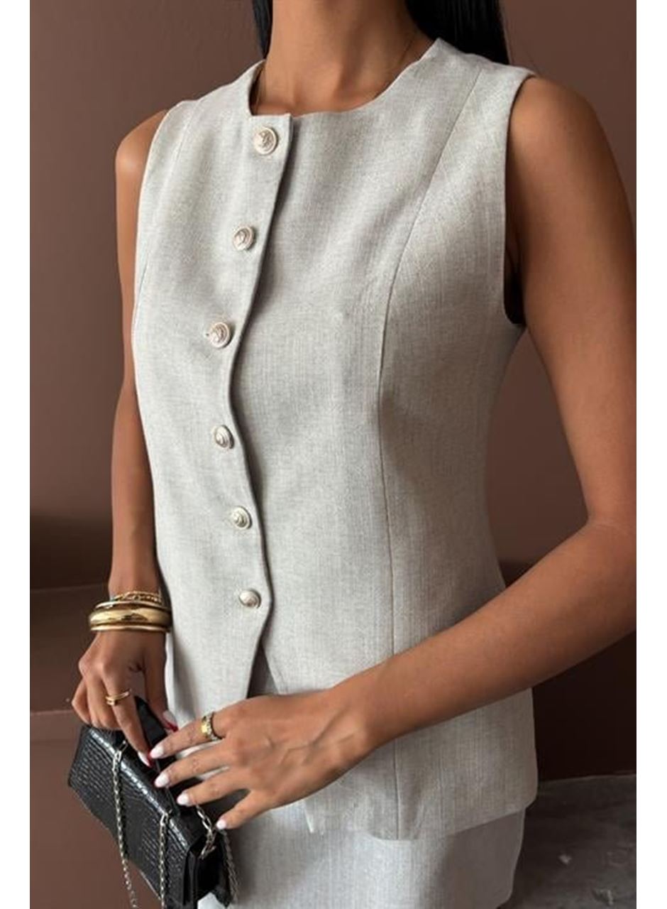 Uzun Yelek Mini Etek Flamlı Keten Takım 10148