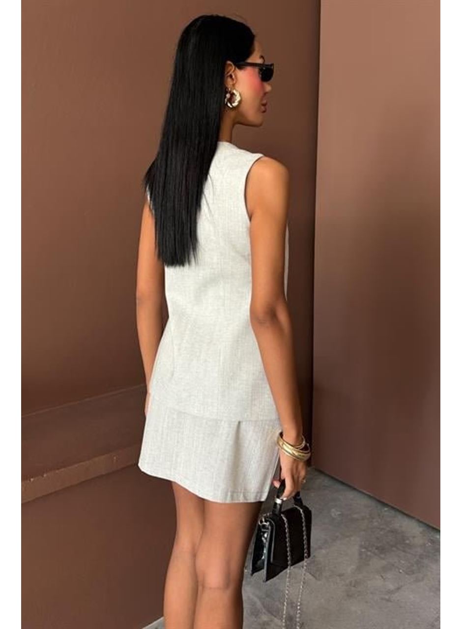 Uzun Yelek Mini Etek Flamlı Keten Takım 10148