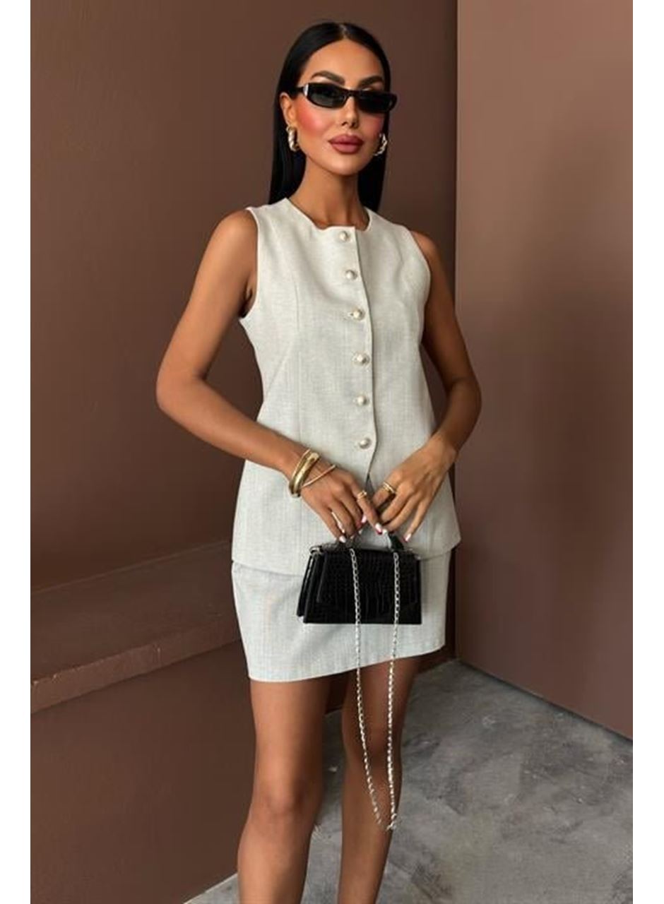 Uzun Yelek Mini Etek Flamlı Keten Takım 10148