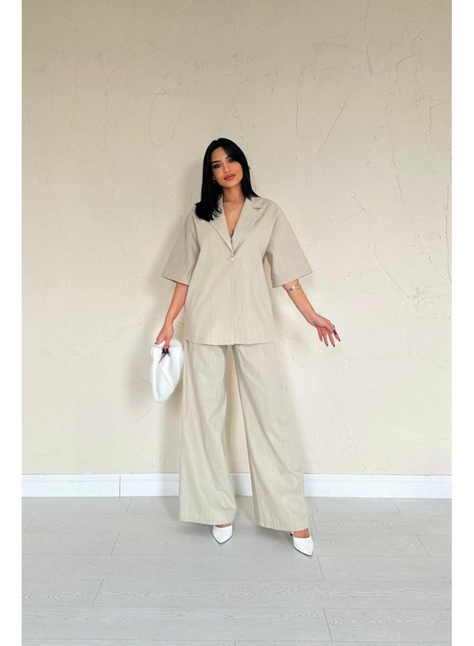 Bej Önü Tek Düğmeli Ceket Pantolon Takım