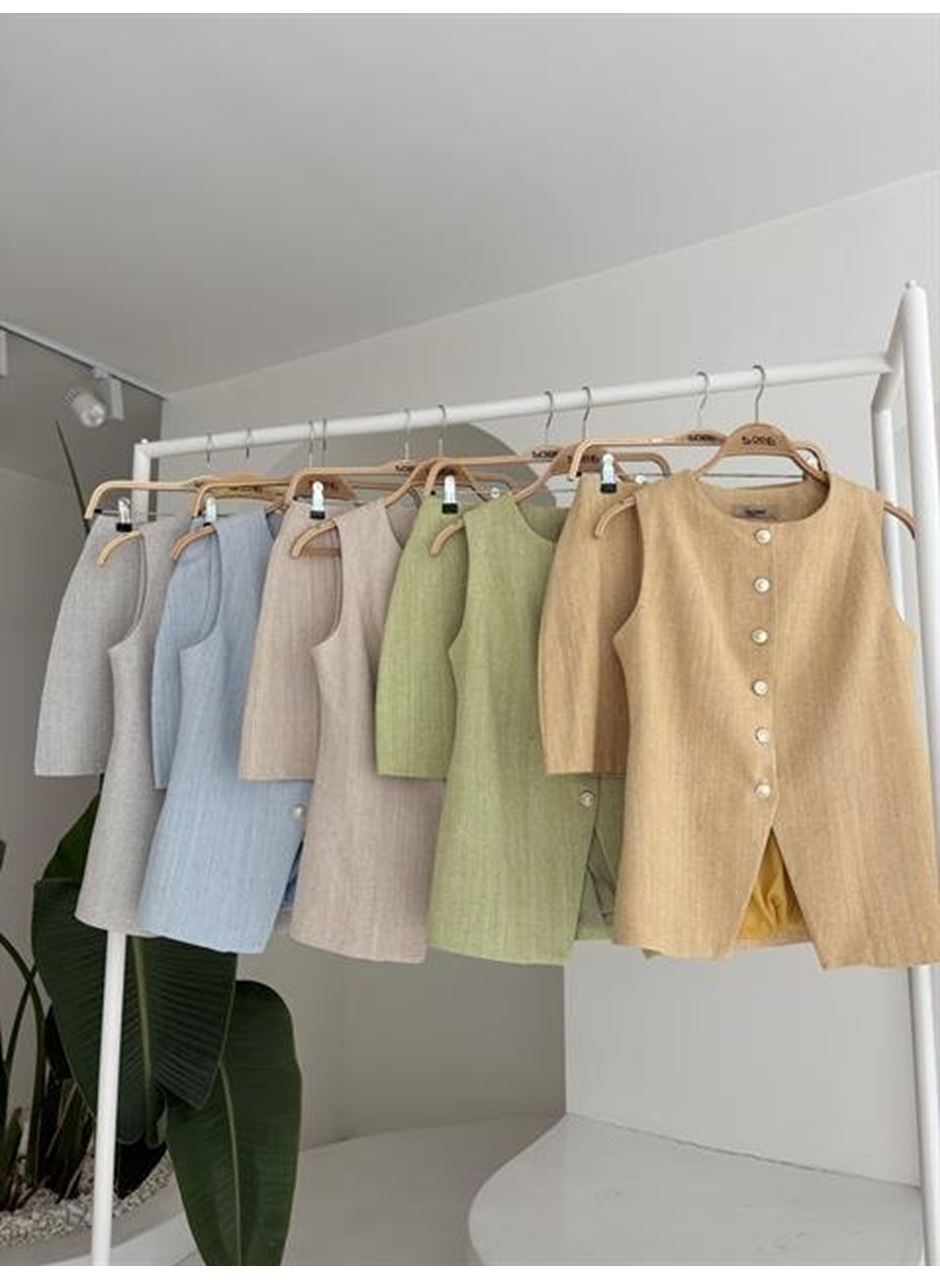 Uzun Yelek Mini Etek Flamlı Keten Takım 10148