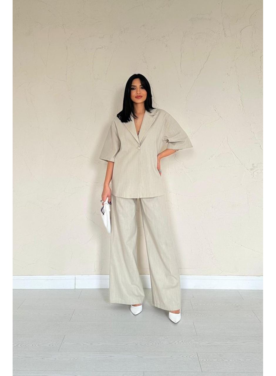 Bej Önü Tek Düğmeli Ceket Pantolon Takım