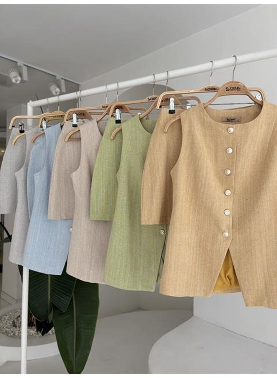 Uzun Yelek Mini Etek Flamlı Keten Takım 10148