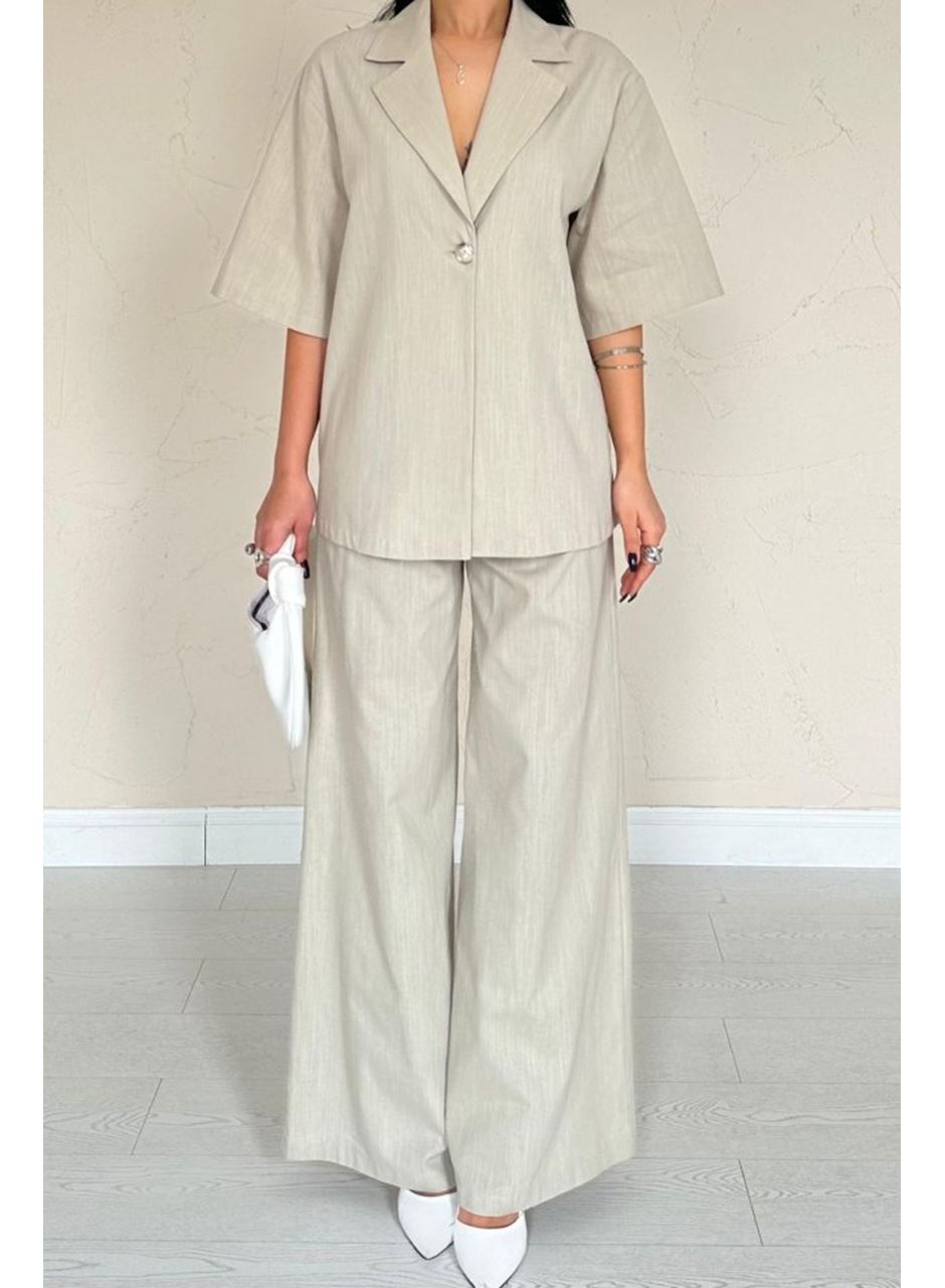 Bej Önü Tek Düğmeli Ceket Pantolon Takım