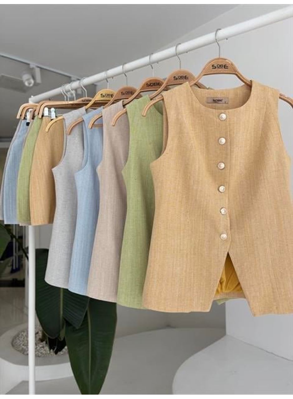 Uzun Yelek Mini Etek Flamlı Keten Takım 10148