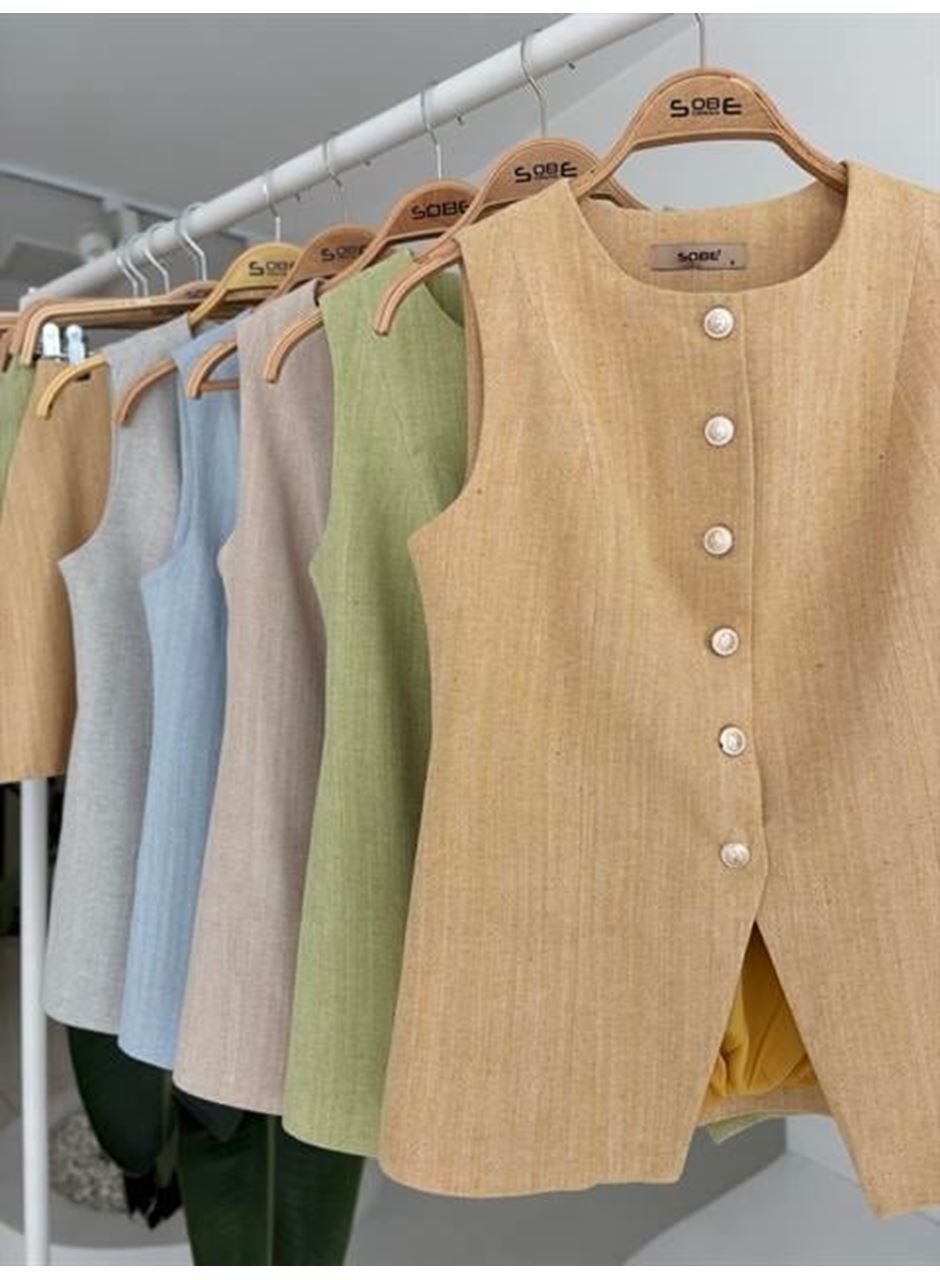 Uzun Yelek Mini Etek Flamlı Keten Takım 10148