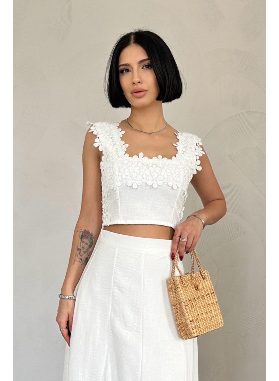 Beyaz Güpürlü Crop Ve Etek Takım