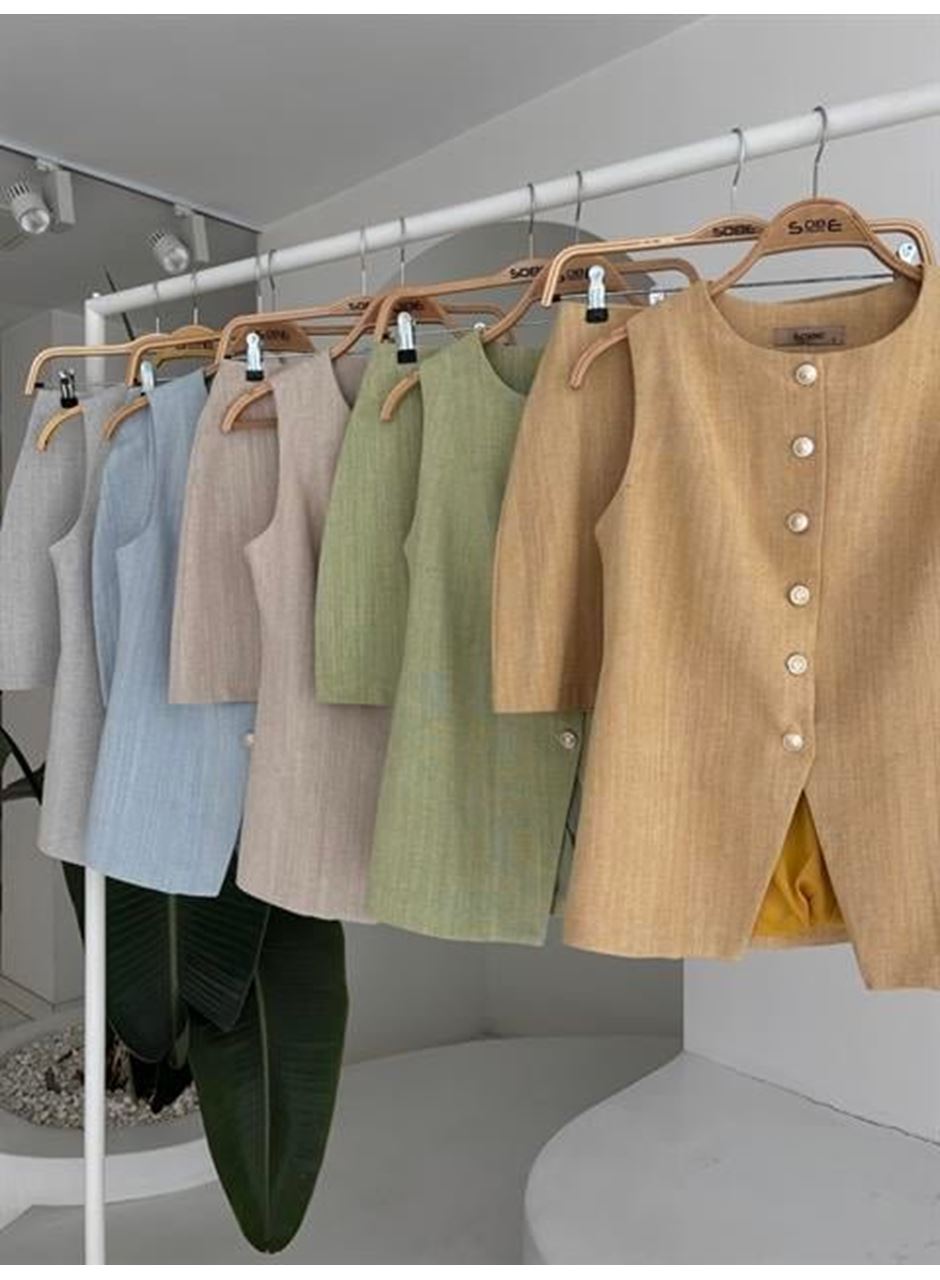 Uzun Yelek Mini Etek Flamlı Keten Takım 10148