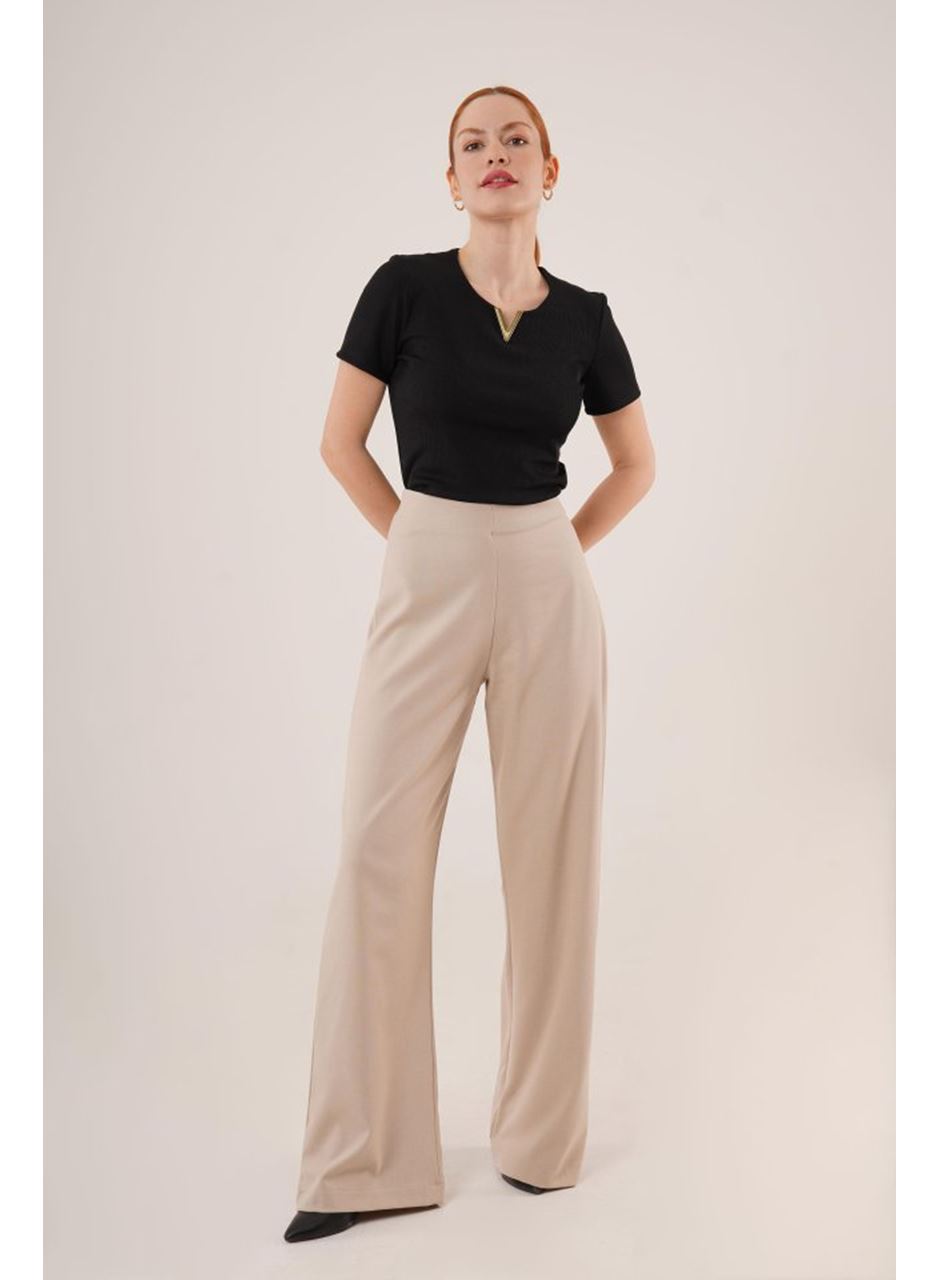 Bol Paça Yandan Fermuarlı Krem Kumaş Pantolon