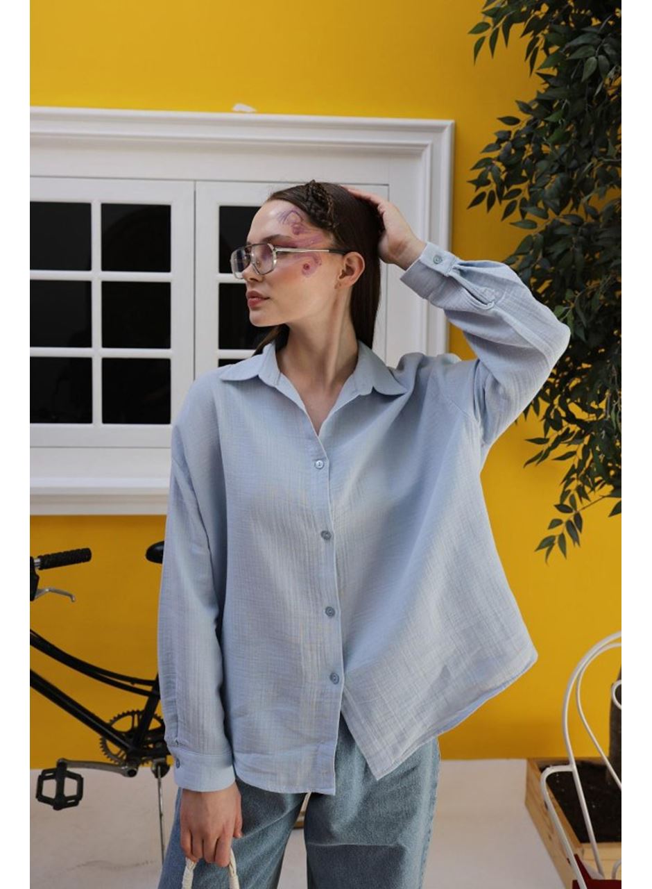Müslin Uzun Kol Gömlek - Bebe Mavisi