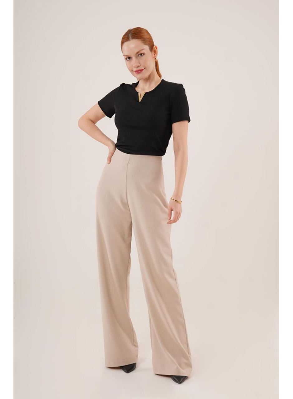 Bol Paça Yandan Fermuarlı Krem Kumaş Pantolon