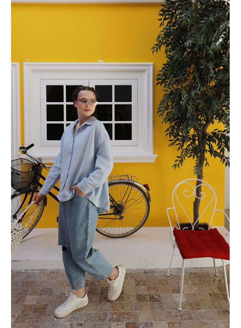 Müslin Uzun Kol Gömlek - Bebe Mavisi