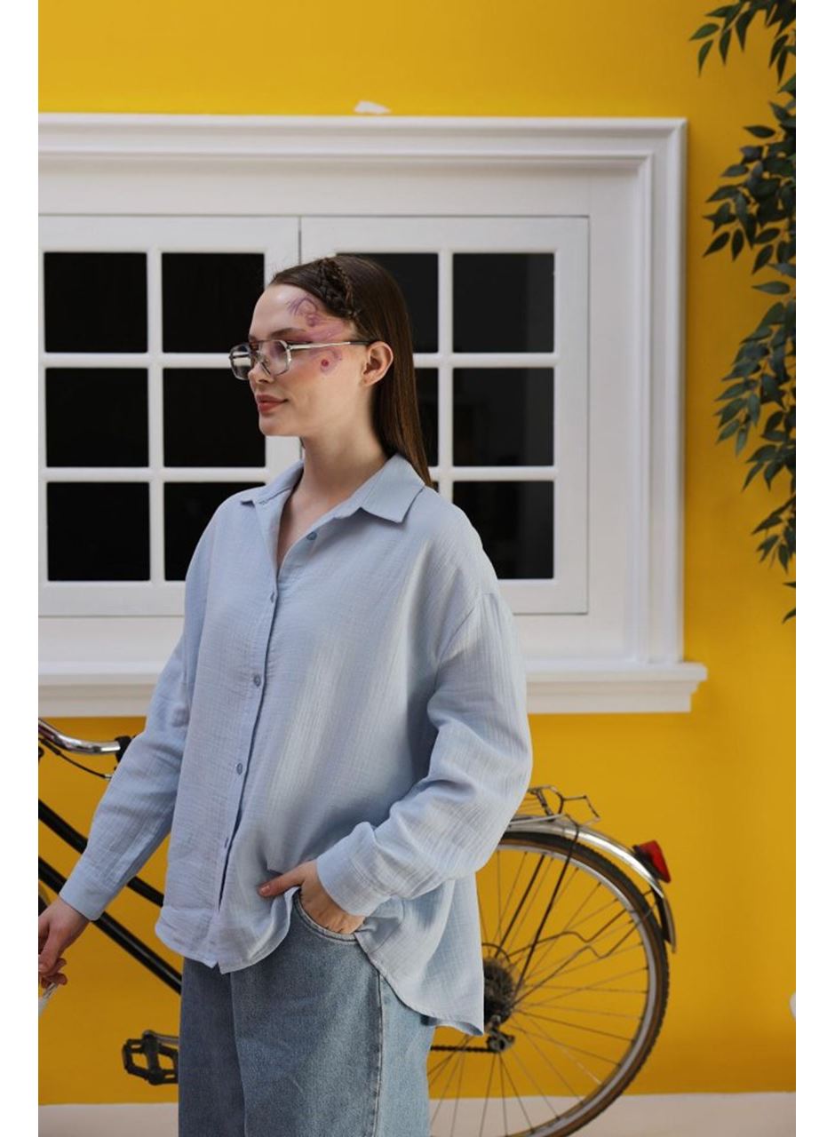 Müslin Uzun Kol Gömlek - Bebe Mavisi