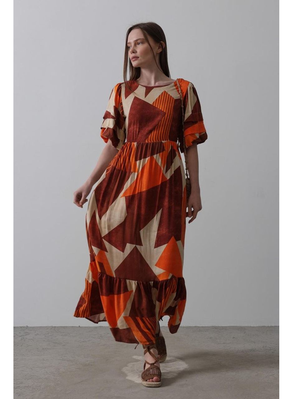 Desenli Balon Kol Kloş Elbise - Kahve