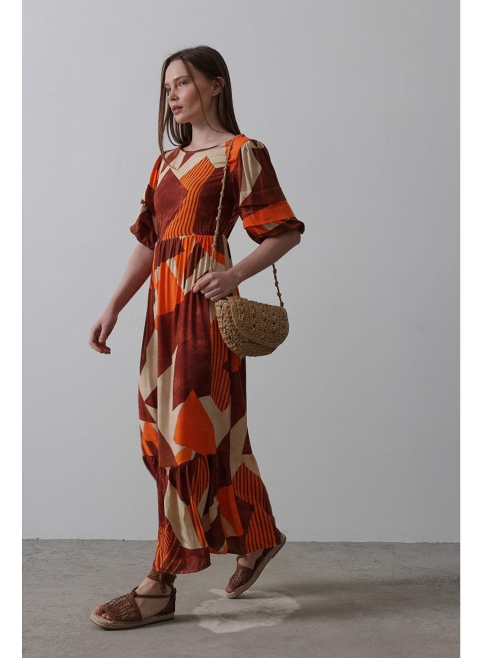 Desenli Balon Kol Kloş Elbise - Kahve