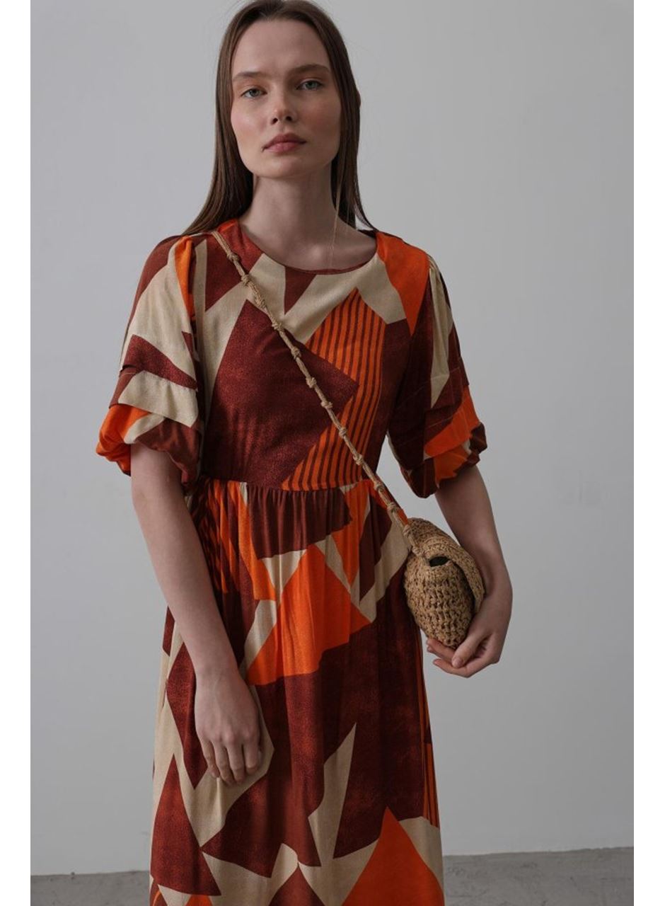 Desenli Balon Kol Kloş Elbise - Kahve