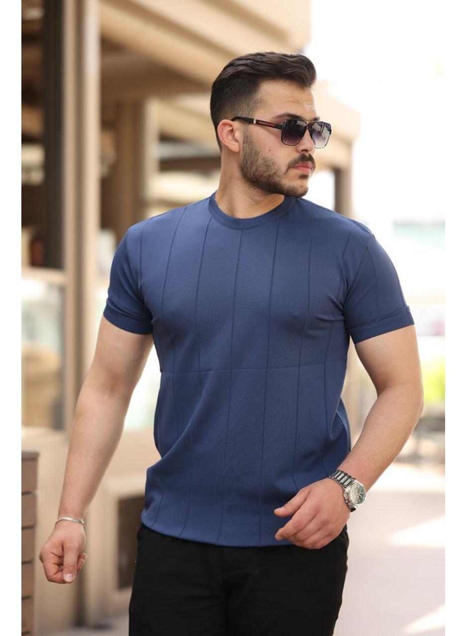 Erkek Ince çizgi Dokulu Bisiklet Yaka Kısa Kollu T-shirt