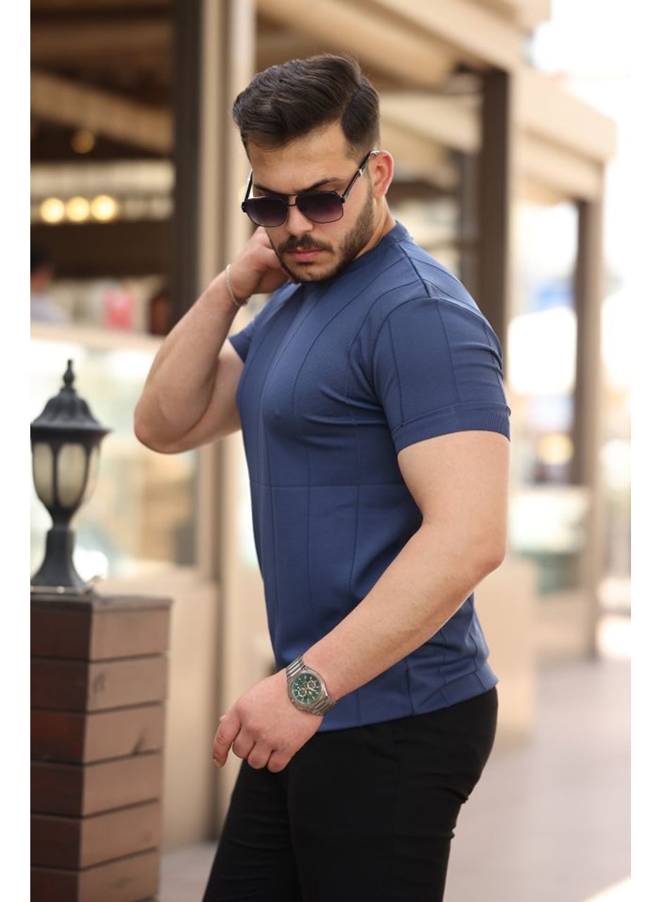 Erkek Ince çizgi Dokulu Bisiklet Yaka Kısa Kollu T-shirt