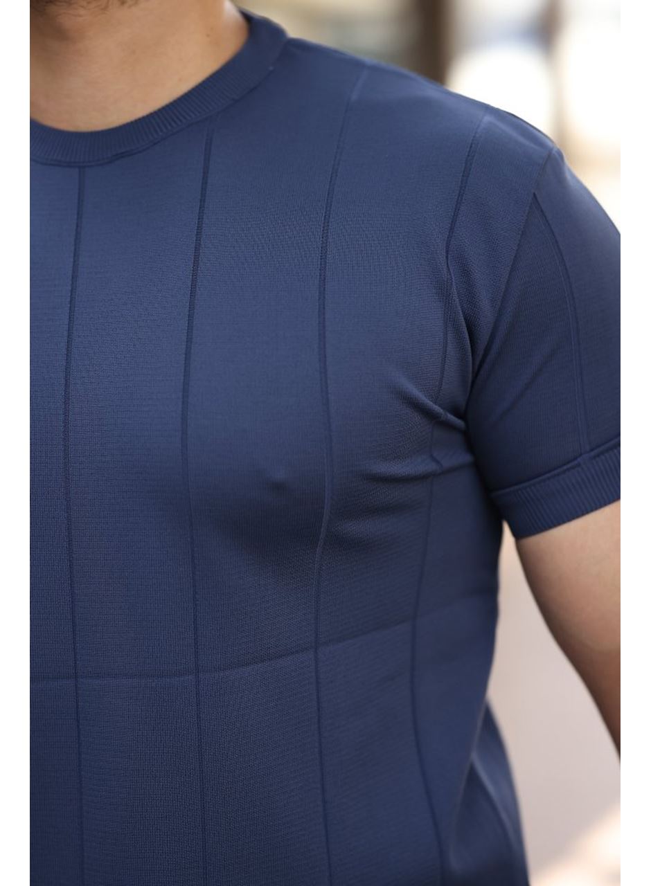 Erkek Ince çizgi Dokulu Bisiklet Yaka Kısa Kollu T-shirt