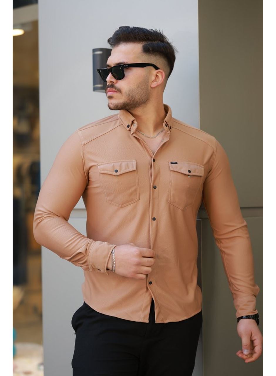 Erkek çift Cepli çıtçıt Düğmeli Uzun Kollu Gömlek