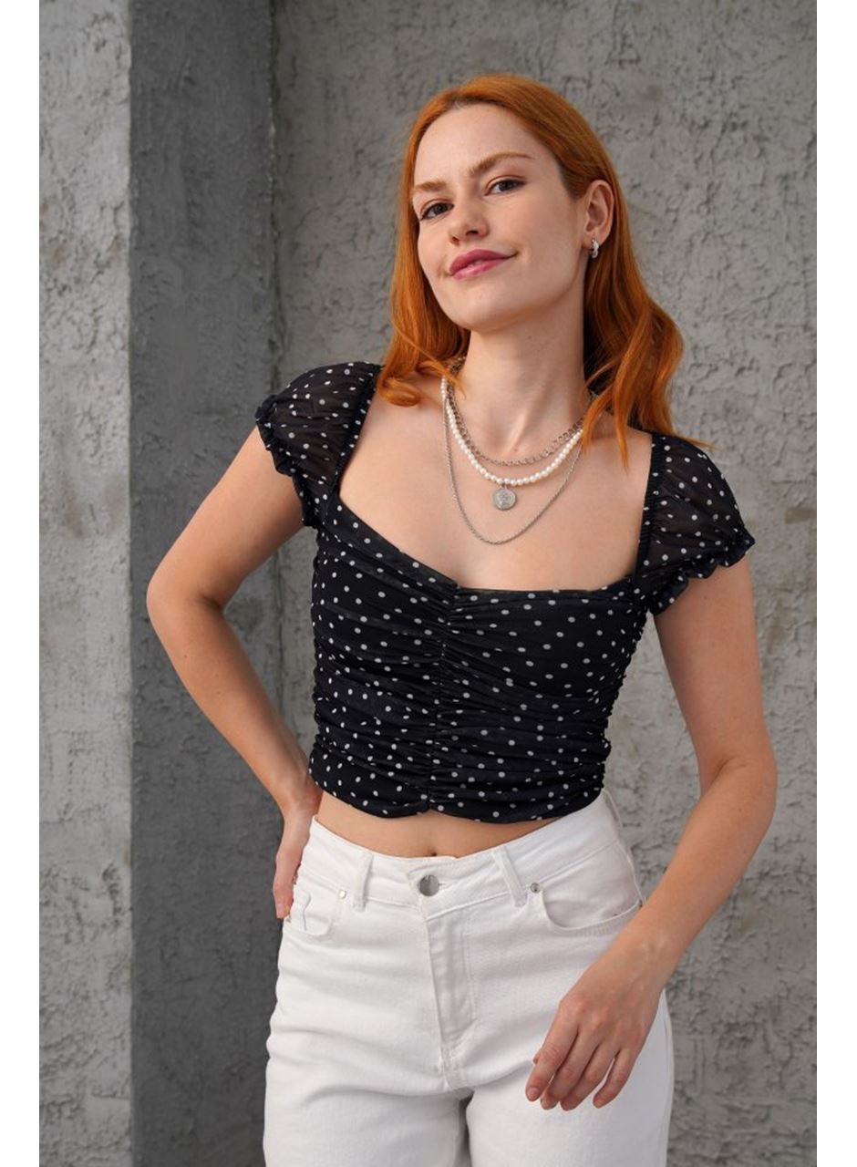 Puantiyeli Belden Oturtmalı Tül Siyah Bluz