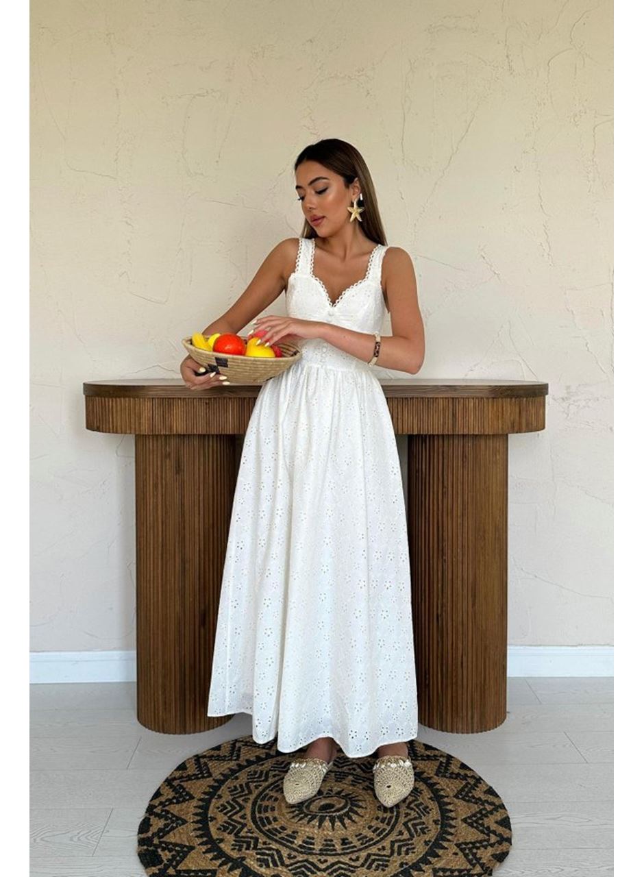 Ekru Dantel Detaylı Askılı Elbise