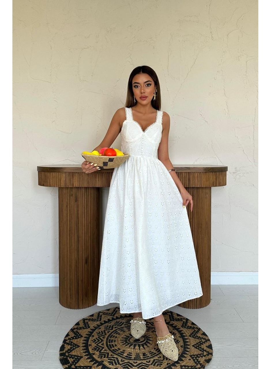 Ekru Dantel Detaylı Askılı Elbise