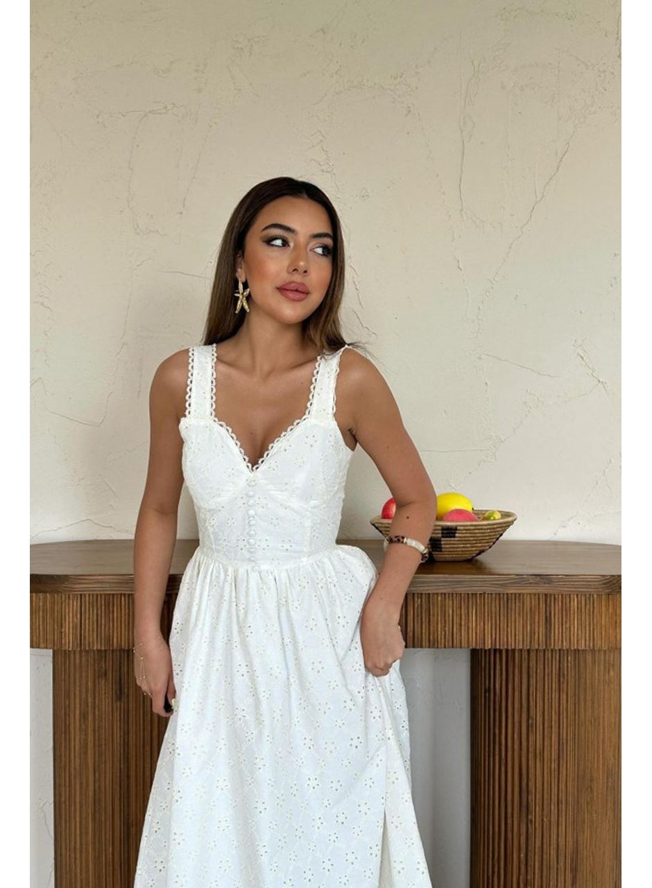 Ekru Dantel Detaylı Askılı Elbise
