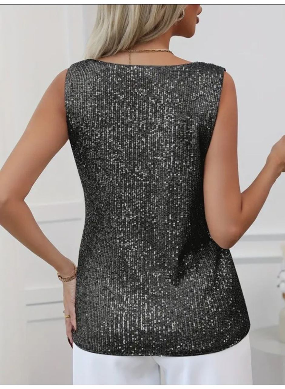 Pul Payetli Sıfır Kol Bluz -Siyah