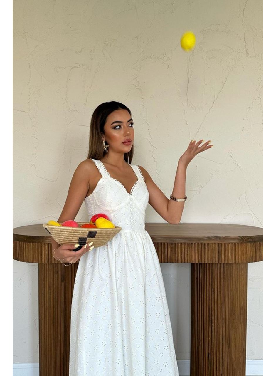 Ekru Dantel Detaylı Askılı Elbise