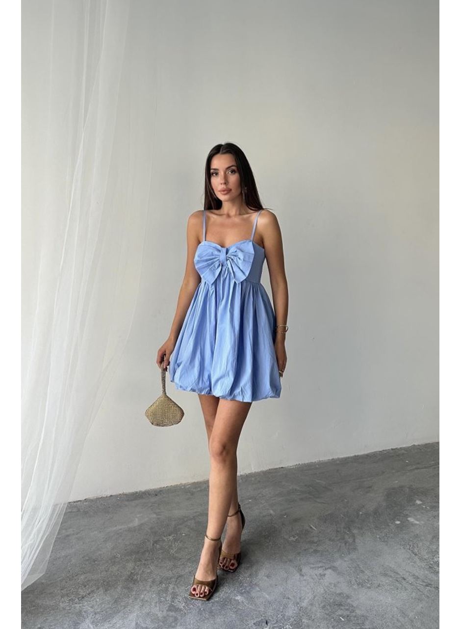 Mavi Önü Fiyonklu Askılı Elbise