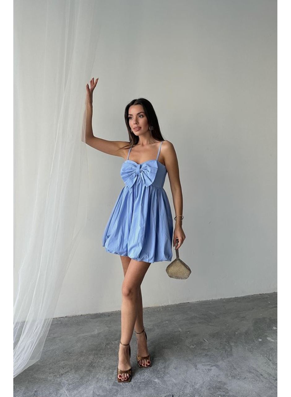 Mavi Önü Fiyonklu Askılı Elbise