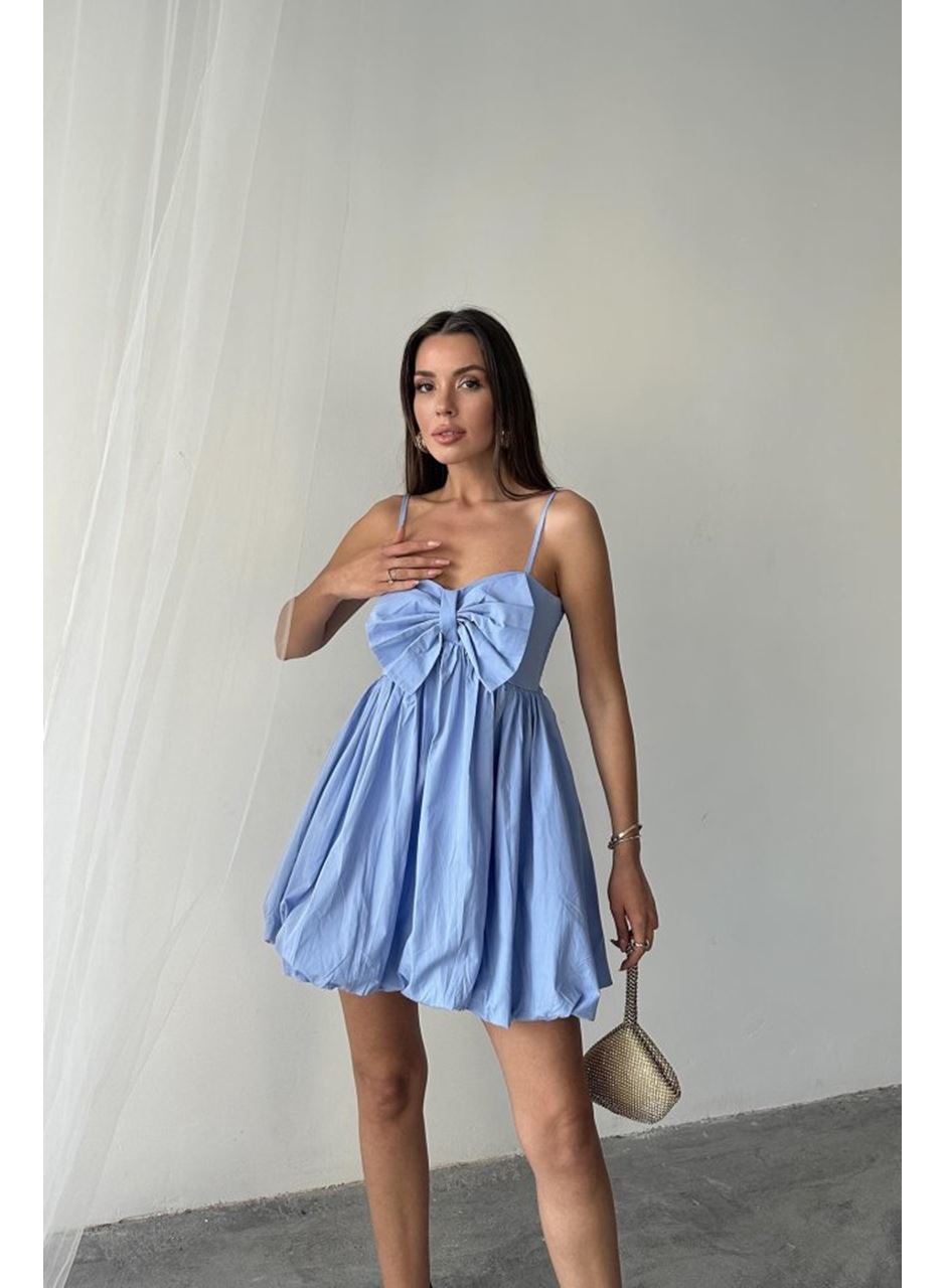 Mavi Önü Fiyonklu Askılı Elbise