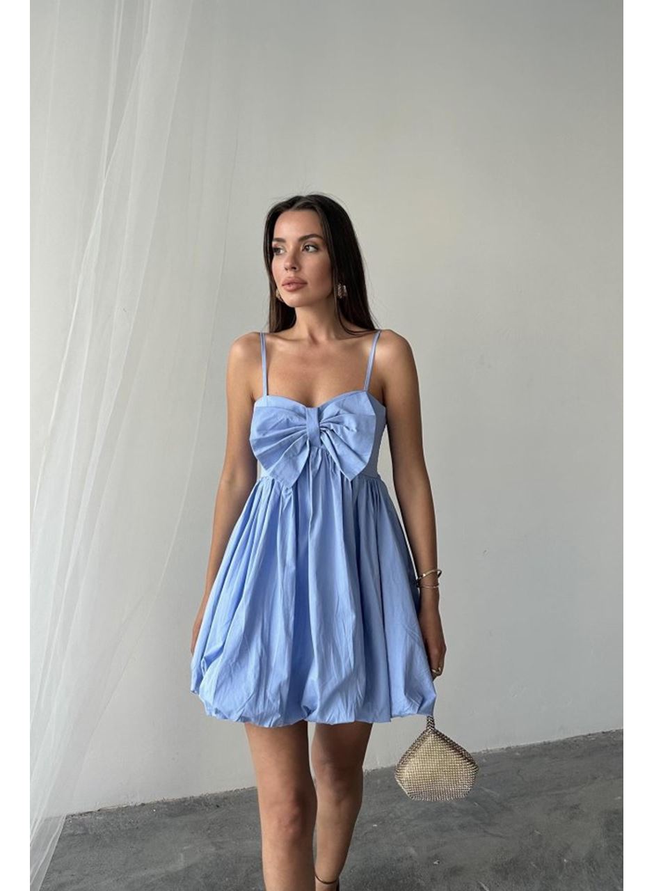 Mavi Önü Fiyonklu Askılı Elbise