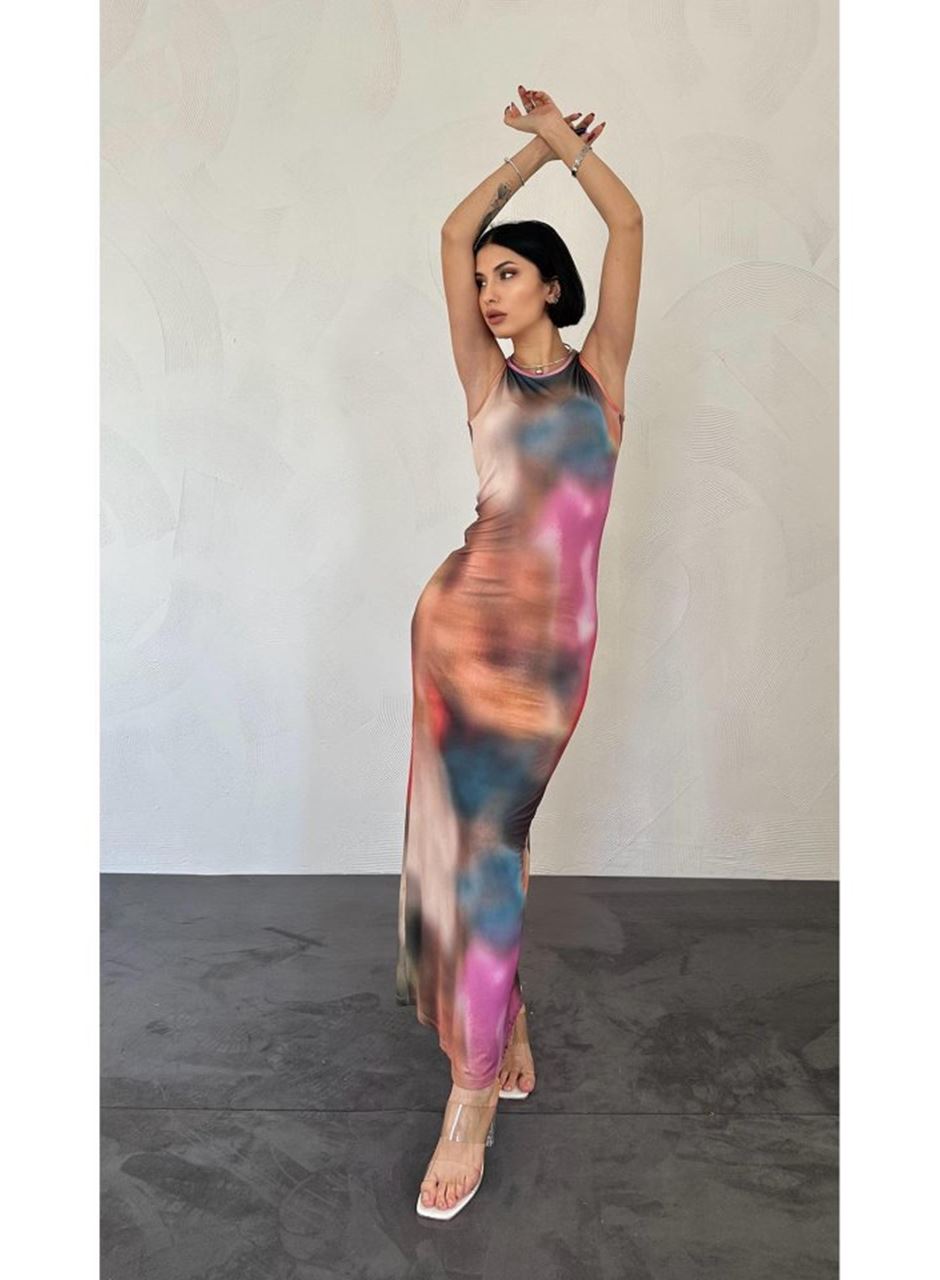 Bej Batik Desenli Elbise