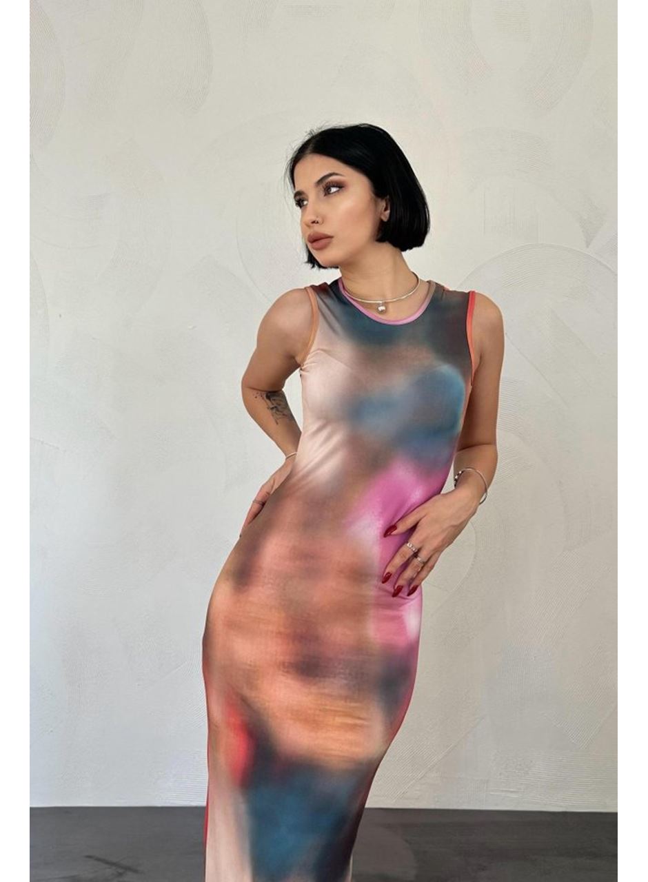 Bej Batik Desenli Elbise