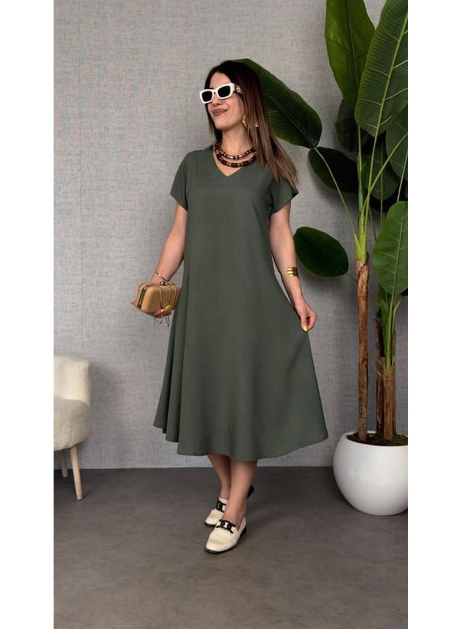 Kadın Kısa Kollu V Yaka Salaş Maxi Boy Elbise