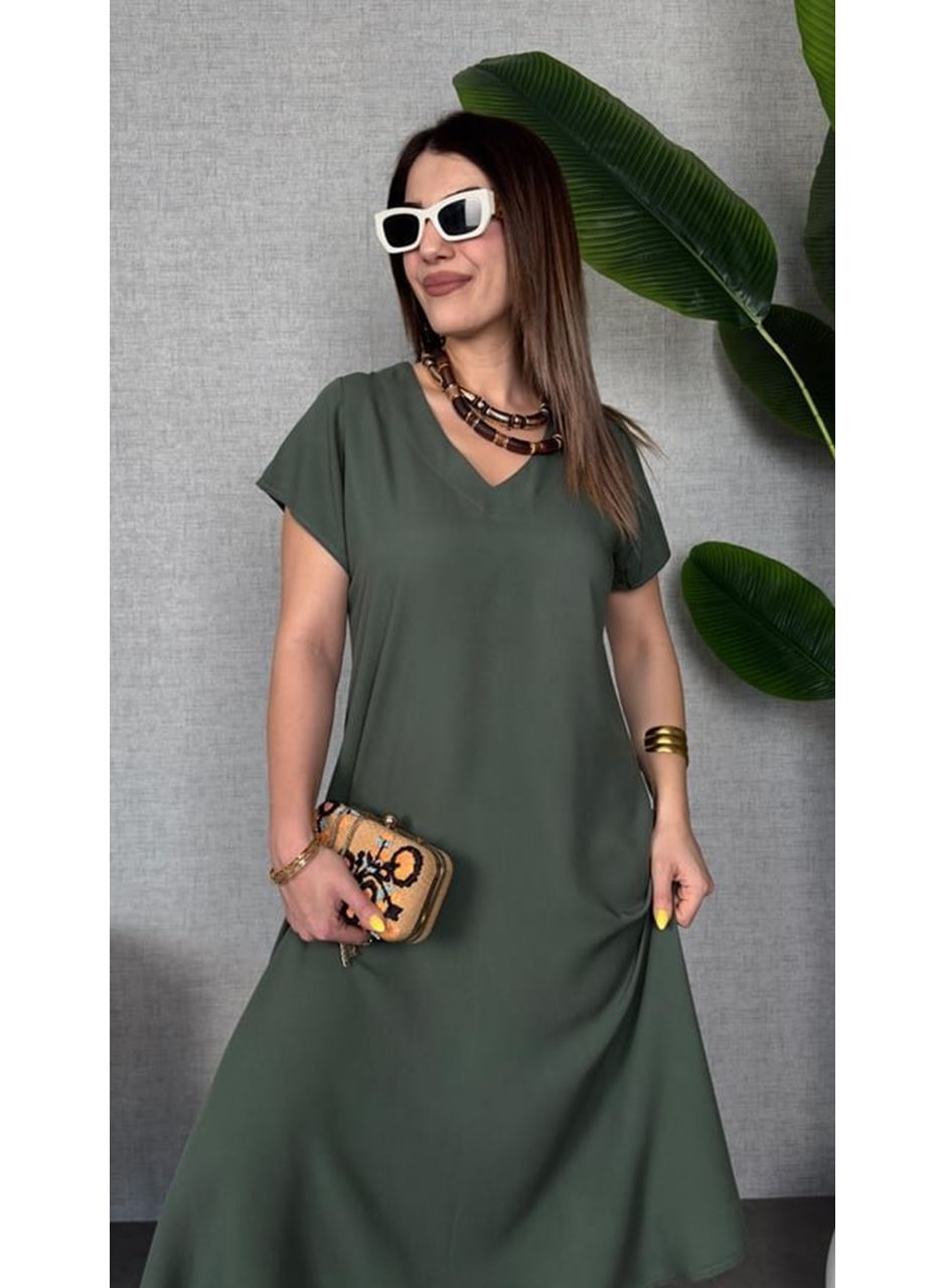 Kadın Kısa Kollu V Yaka Salaş Maxi Boy Elbise